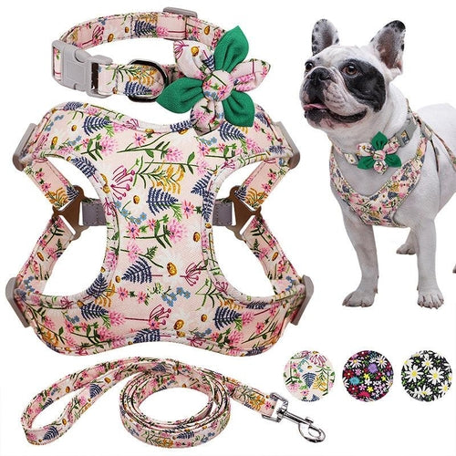 Floral Print Dog Collar Harness Leash Set