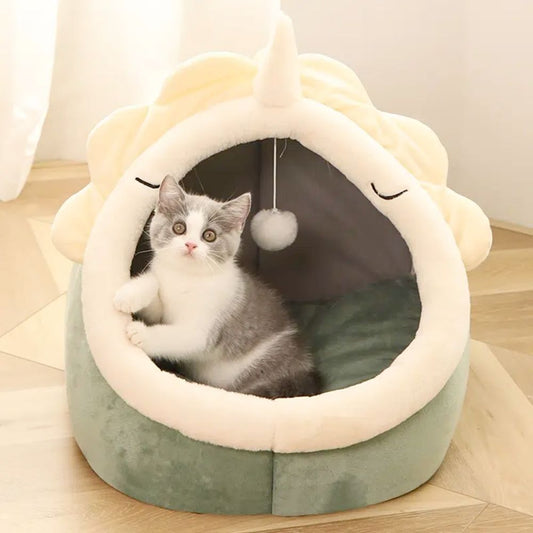 Adorable Dinosaur Cat House with Toy – cozy padded cat bed with dangling toy ball, fun dinosaur design, washable and durable | The PetRiot