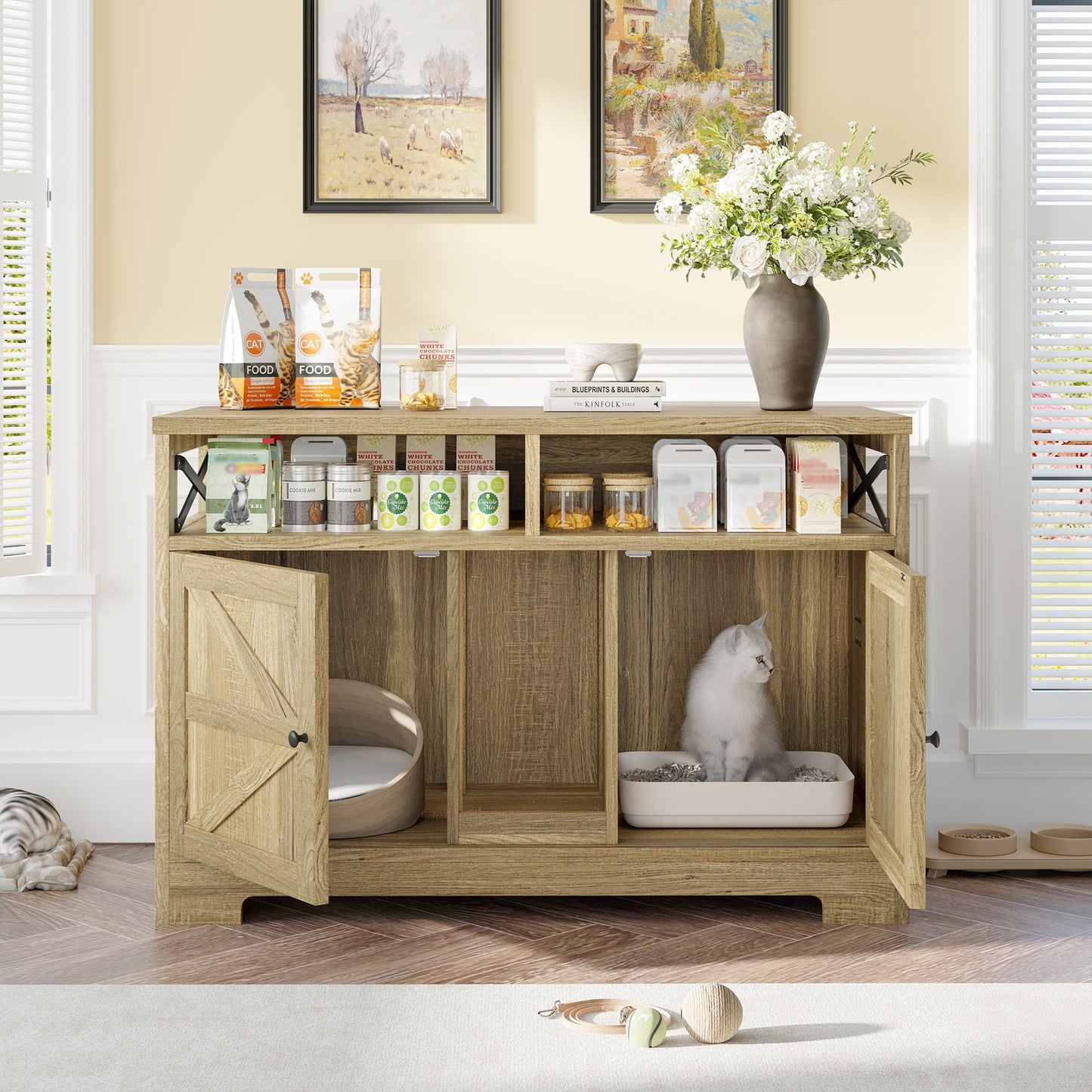 Modern double cat litter box enclosure furniture with divider – The PetRiot