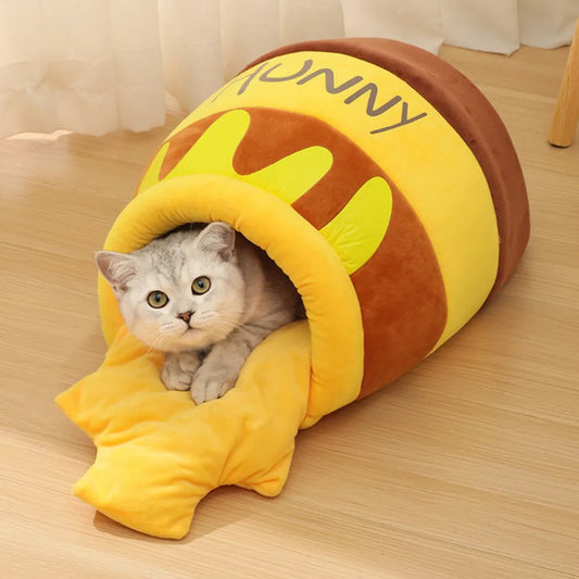 The PetRiot Adorable Honey Jar Theme Cat Bed – Coral Fleece Cozy Bed for Small Cats up to 4kg