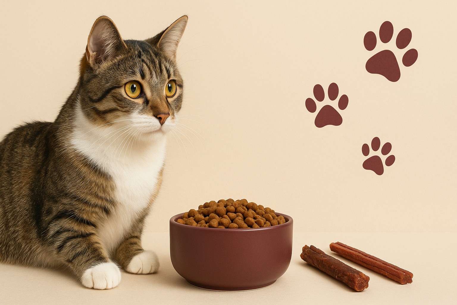 A photorealistic banner showing a healthy, curious cat next to a bowl of premium cat food and natural treats. Background in soft beige with subtle paw-print accents. Color palette aligned with deep maroon/burgundy highlights to match Pet Riot branding. Clean, minimal, modern composition designed for an eCommerce hero slider. Aspect ratio 16:9, high-resolution.