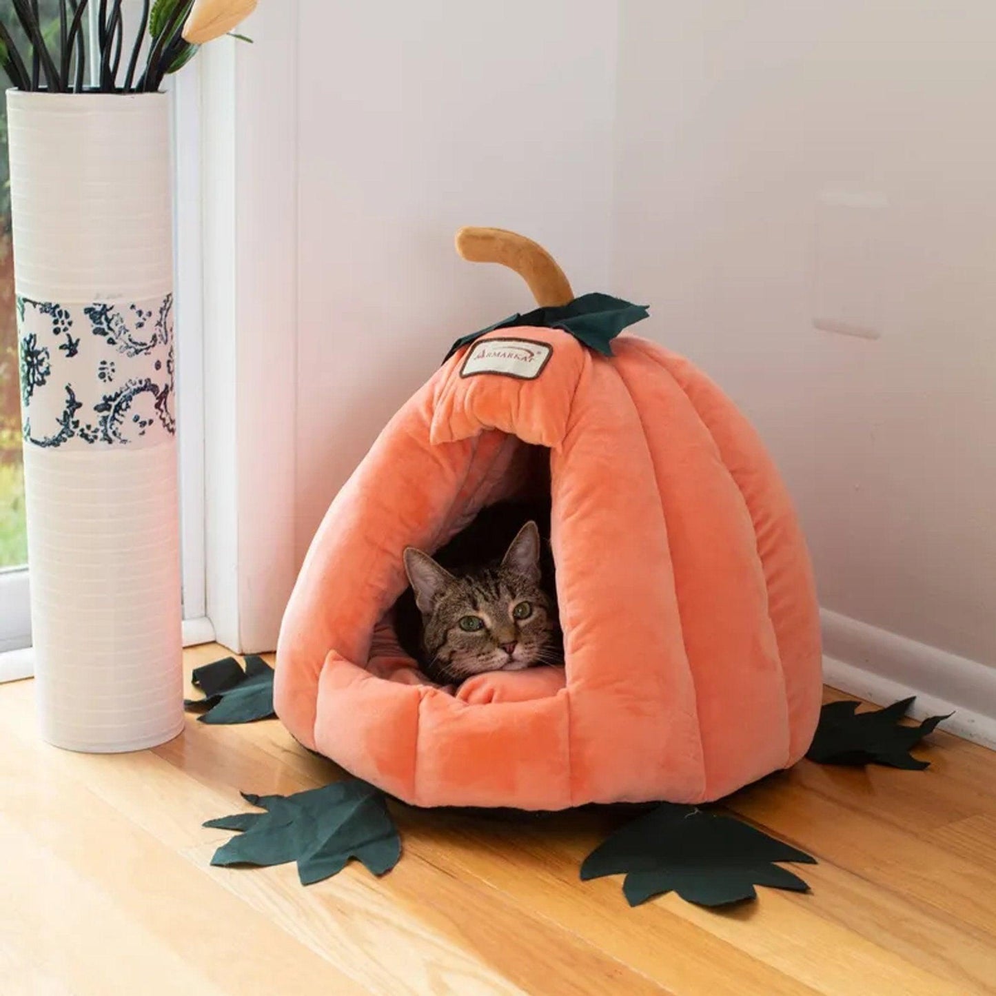 Armarkat Luxe Velvet Pumpkin Cat Bed – Orange cozy velvet retreat with cushion, washable mat, and soft comfort from The PetRiot