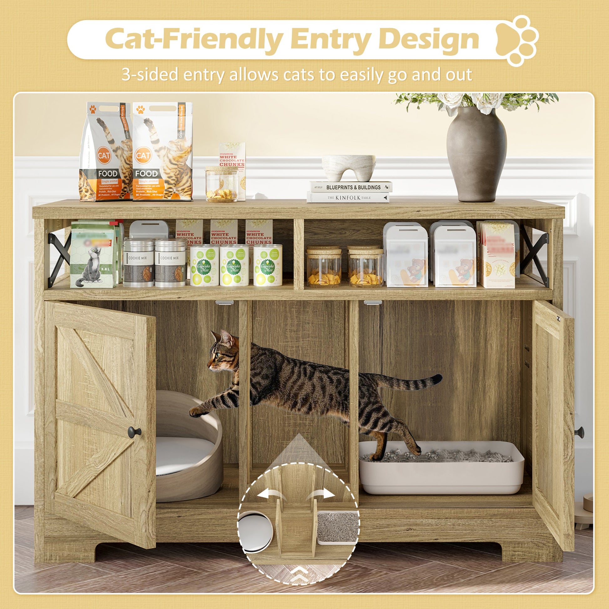 Modern double cat litter box enclosure furniture with divider – The PetRiot
