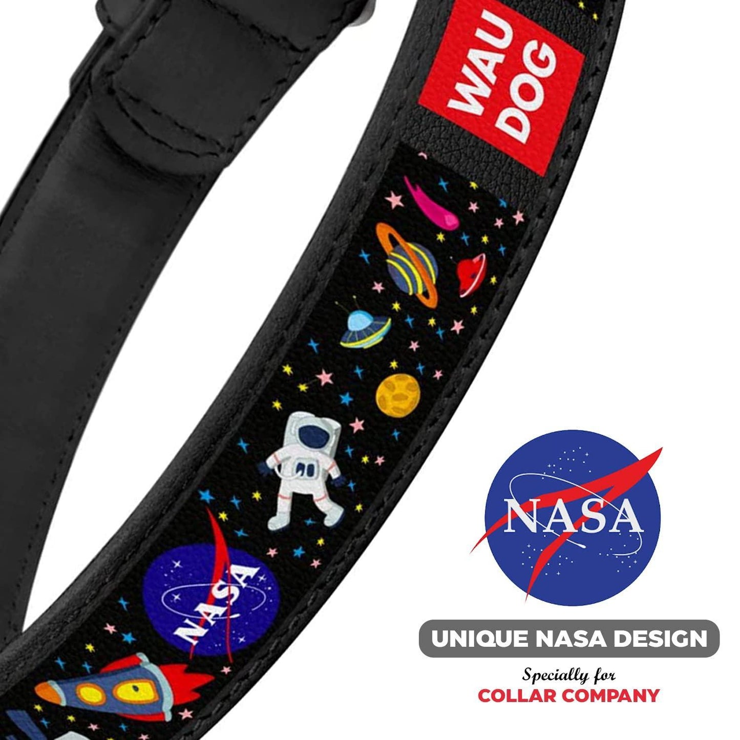 WAUDOG Leather Dog Collar with NASA Design
