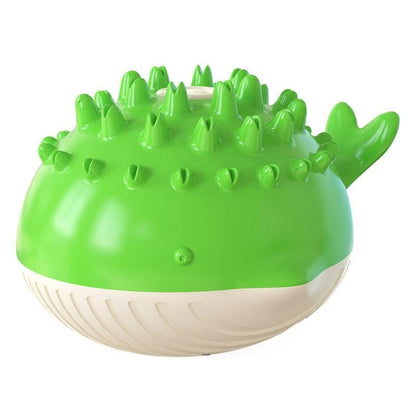 A selection of electric water spray dog toys in various colors, with a dog playing with one of them in the water. - The PetRiot