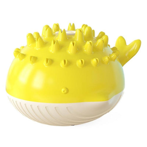 A selection of electric water spray dog toys in various colors, with a dog playing with one of them in the water. - The PetRiot