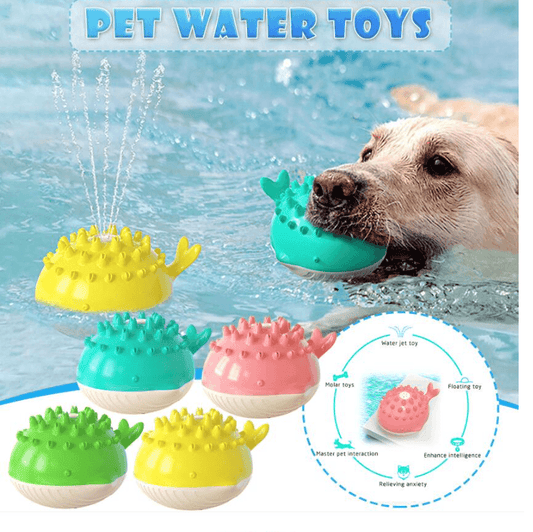 A selection of electric water spray dog toys in various colors, with a dog playing with one of them in the water. The PetRiot