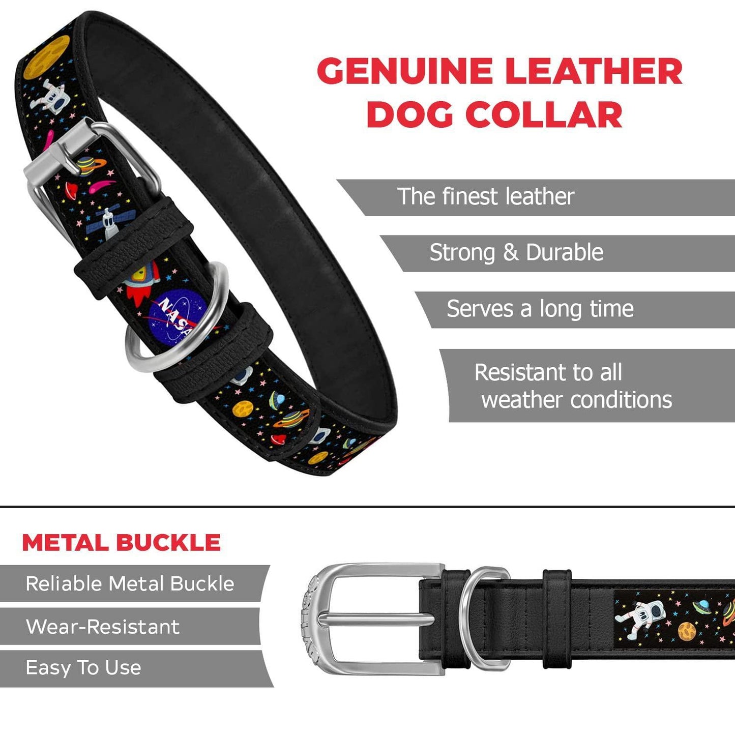 WAUDOG Leather Dog Collar with NASA Design