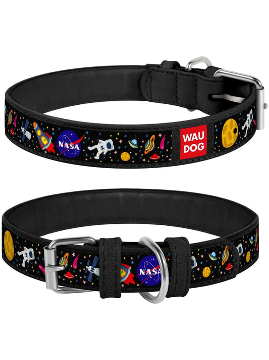 WAUDOG Leather Dog Collar with NASA Design