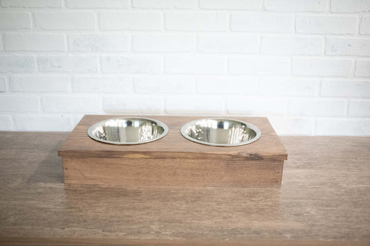 Handmade Wooden Pet Feeder with Stainless Steel Bowls