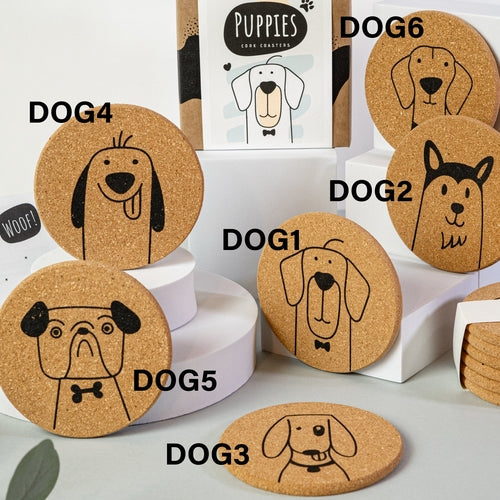 PUPPIES - Cute dog Cork coasters, round, set of 6